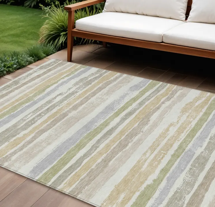 8' X 10' Ivory Beige And Green Striped Washable Indoor Outdoor Area Rug