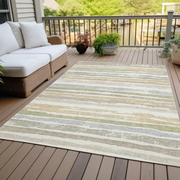 8' X 10' Ivory Beige And Green Striped Washable Indoor Outdoor Area Rug