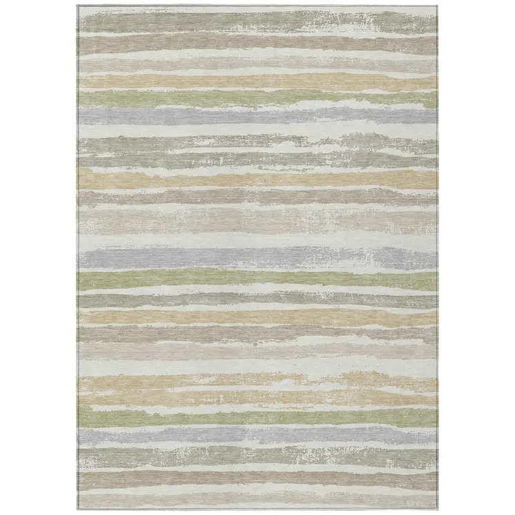 8' X 10' Ivory Beige And Green Striped Washable Indoor Outdoor Area Rug