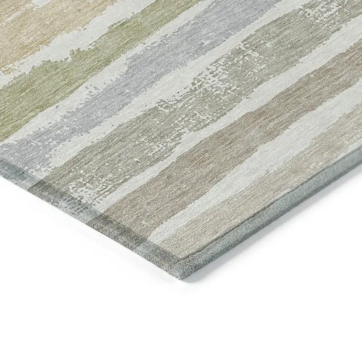 8' X 10' Ivory Beige And Green Striped Washable Indoor Outdoor Area Rug