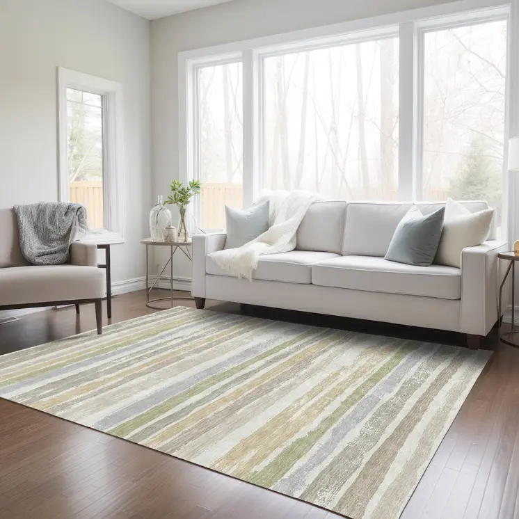 8' X 10' Ivory Beige And Green Striped Washable Indoor Outdoor Area Rug