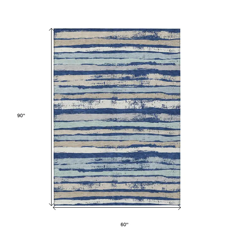 5' X 8' Navy Blue Beige And Ivory Striped Washable Indoor Outdoor Area Rug