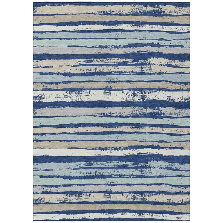 5' X 8' Navy Blue Beige And Ivory Striped Washable Indoor Outdoor Area Rug