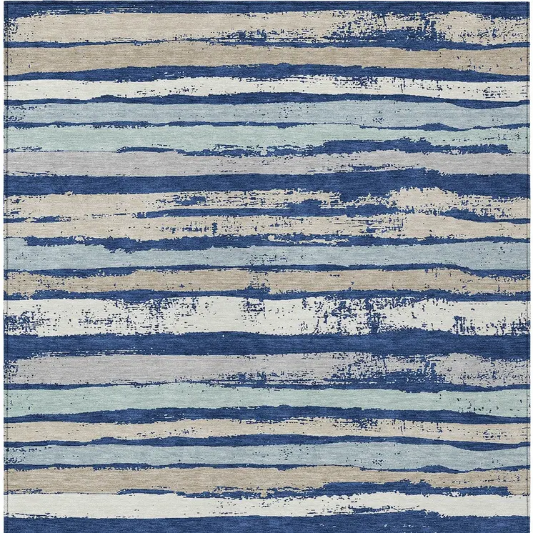 5' X 8' Navy Blue Beige And Ivory Striped Washable Indoor Outdoor Area Rug