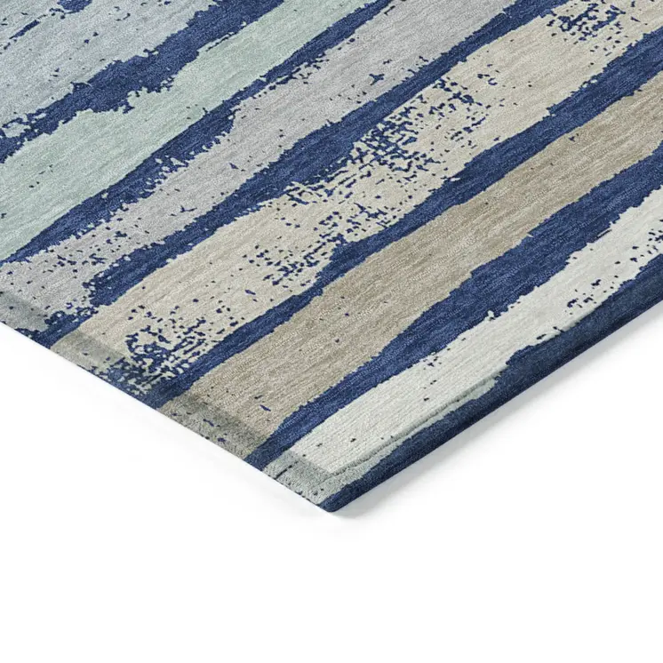 5' X 8' Navy Blue Beige And Ivory Striped Washable Indoor Outdoor Area Rug