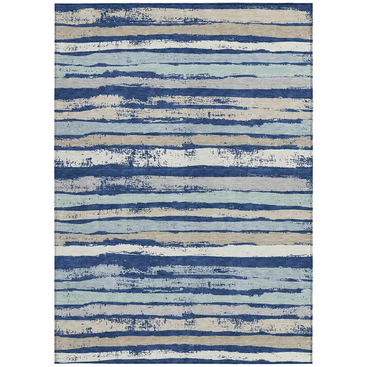 5' X 8' Navy Blue Beige And Ivory Striped Washable Indoor Outdoor Area Rug