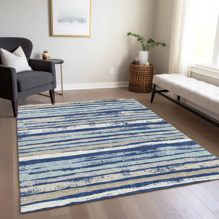 5' X 8' Navy Blue Beige And Ivory Striped Washable Indoor Outdoor Area Rug