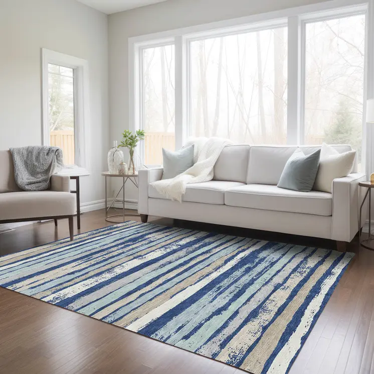 5' X 8' Navy Blue Beige And Ivory Striped Washable Indoor Outdoor Area Rug