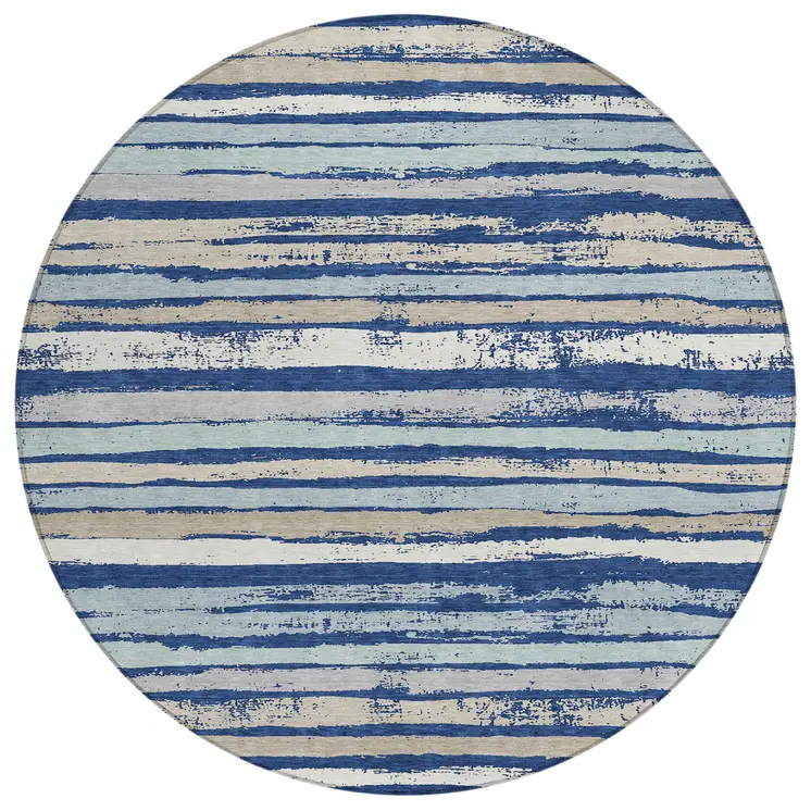 8' Navy Blue Beige And Ivory Round Striped Washable Indoor Outdoor Area Rug