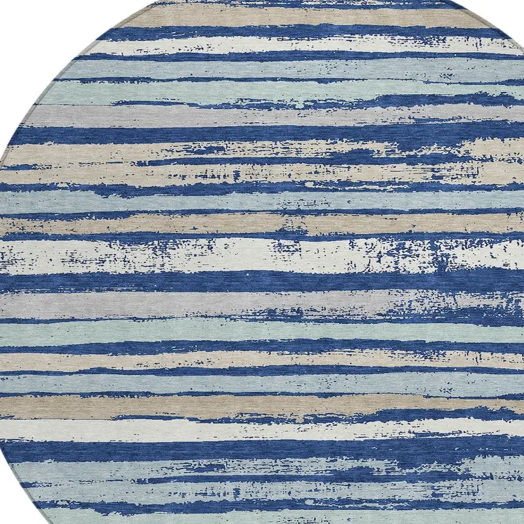 8' Navy Blue Beige And Ivory Round Striped Washable Indoor Outdoor Area Rug