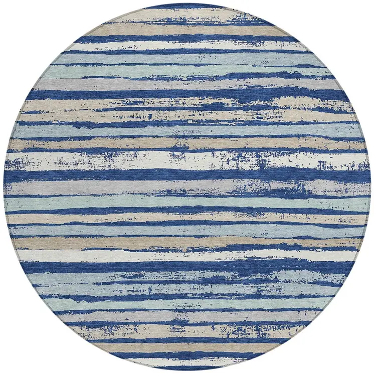 8' Navy Blue Beige And Ivory Round Striped Washable Indoor Outdoor Area Rug