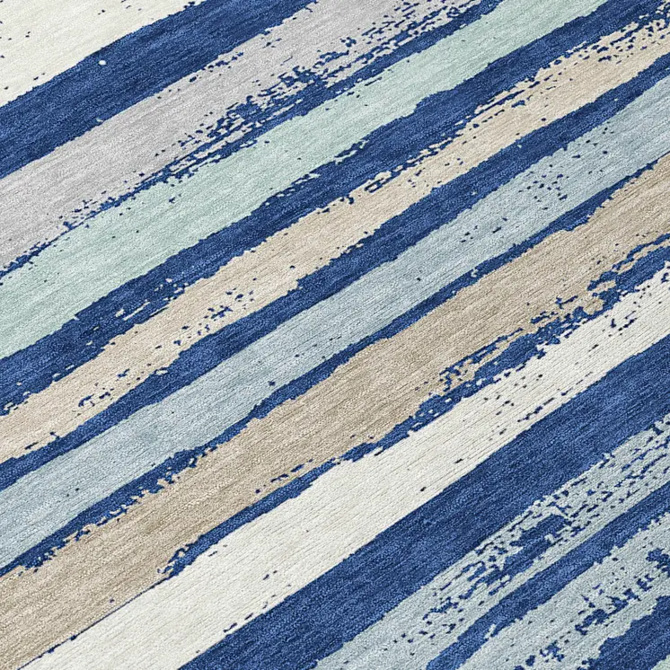 8' Navy Blue Beige And Ivory Round Striped Washable Indoor Outdoor Area Rug