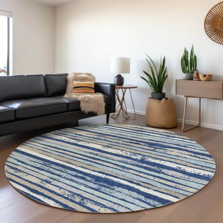 8' Navy Blue Beige And Ivory Round Striped Washable Indoor Outdoor Area Rug