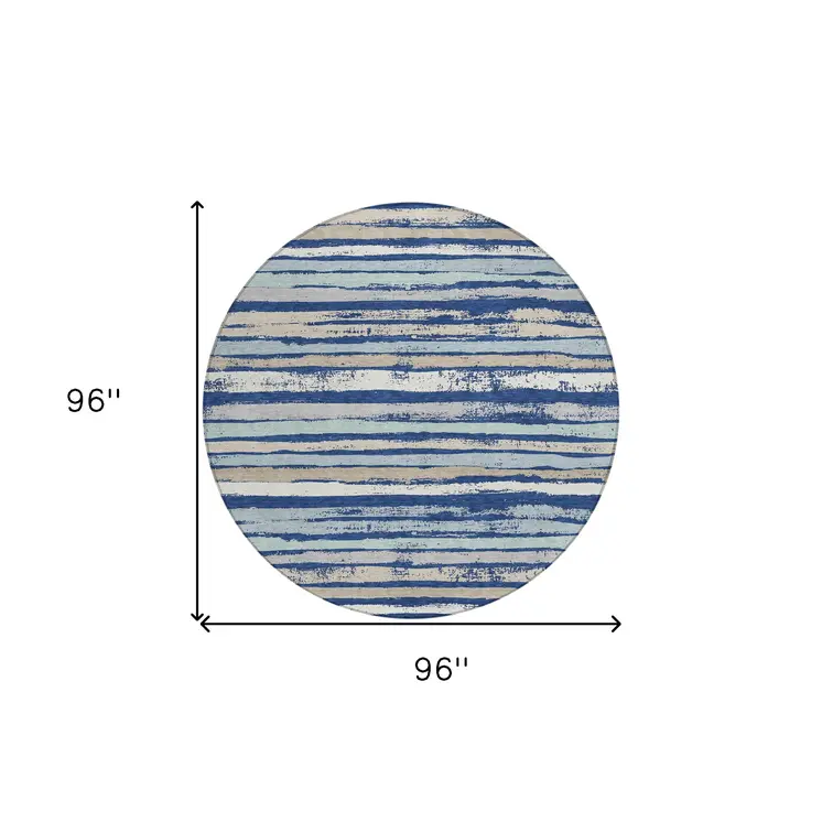 8' Navy Blue Beige And Ivory Round Striped Washable Indoor Outdoor Area Rug