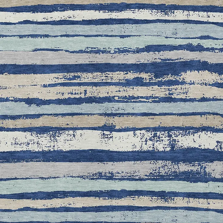 10' X 14' Navy Blue Beige And Ivory Striped Washable Indoor Outdoor Area Rug