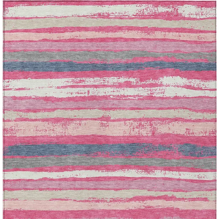 3' X 5' Pink Gray And Green Striped Washable Indoor Outdoor Area Rug