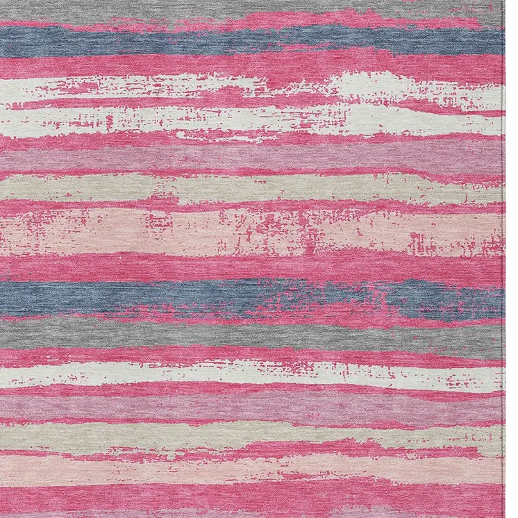 3' X 5' Pink Gray And Green Striped Washable Indoor Outdoor Area Rug