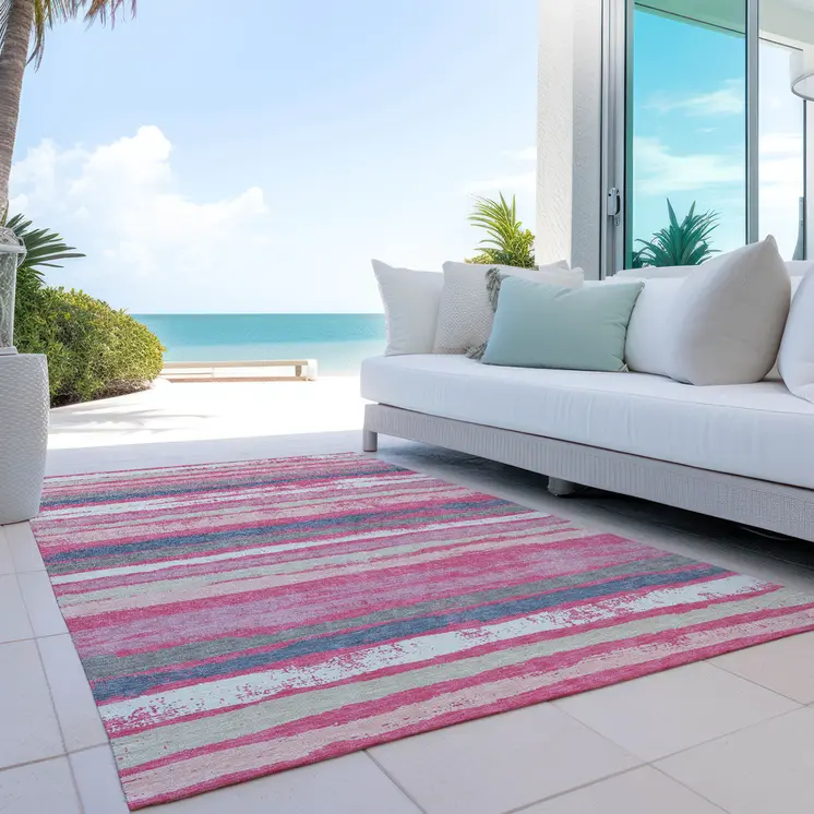 3' X 5' Pink Gray And Green Striped Washable Indoor Outdoor Area Rug