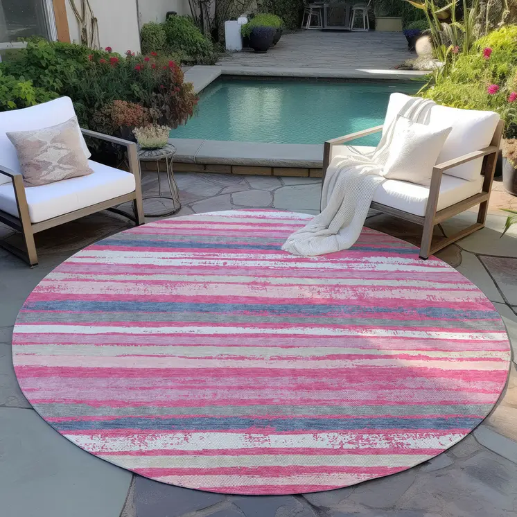 8' Pink Gray And Green Round Striped Washable Indoor Outdoor Area Rug