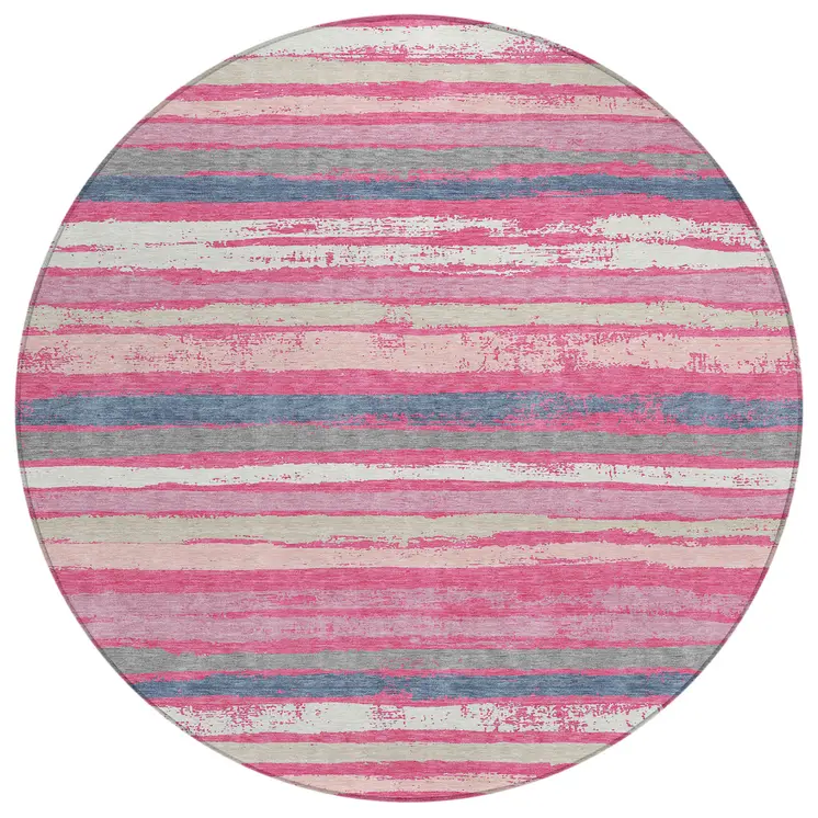 8' Pink Gray And Green Round Striped Washable Indoor Outdoor Area Rug