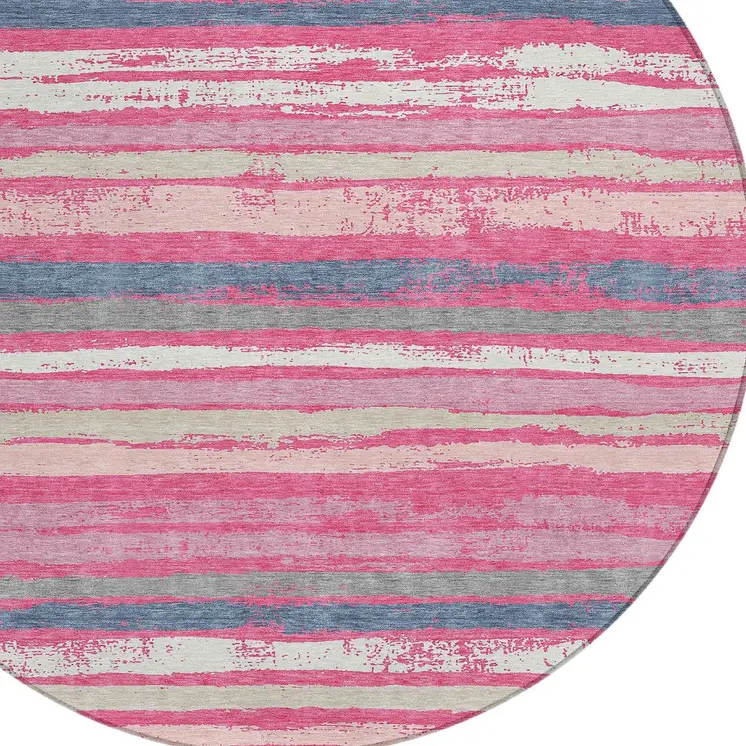 8' Pink Gray And Green Round Striped Washable Indoor Outdoor Area Rug