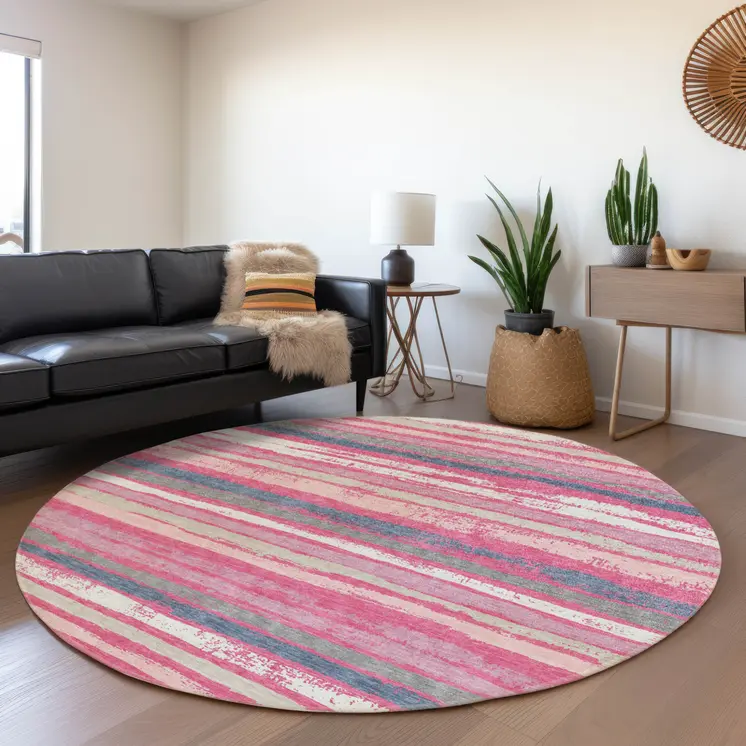 8' Pink Gray And Green Round Striped Washable Indoor Outdoor Area Rug
