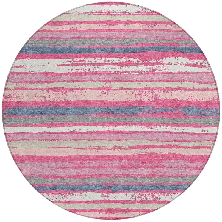 8' Pink Gray And Green Round Striped Washable Indoor Outdoor Area Rug