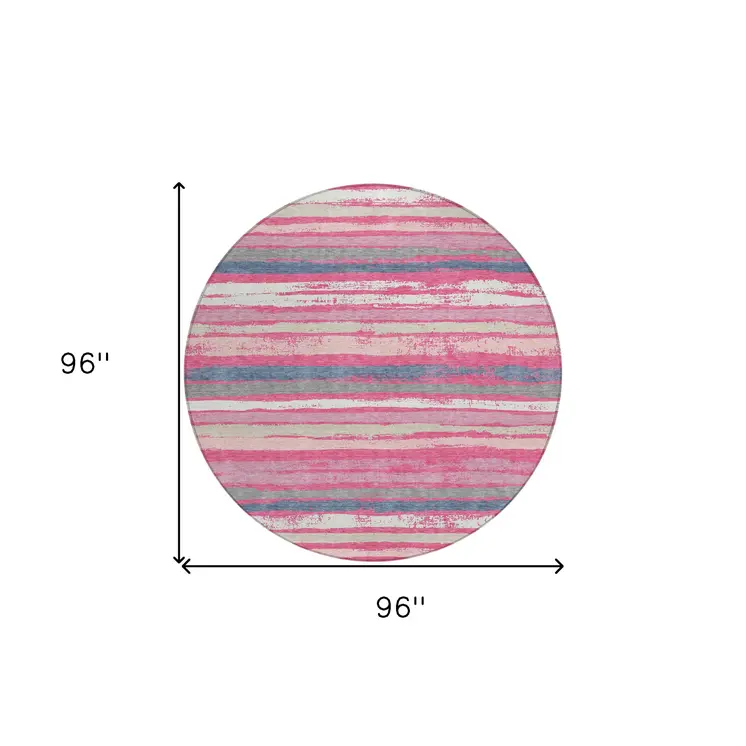 8' Pink Gray And Green Round Striped Washable Indoor Outdoor Area Rug