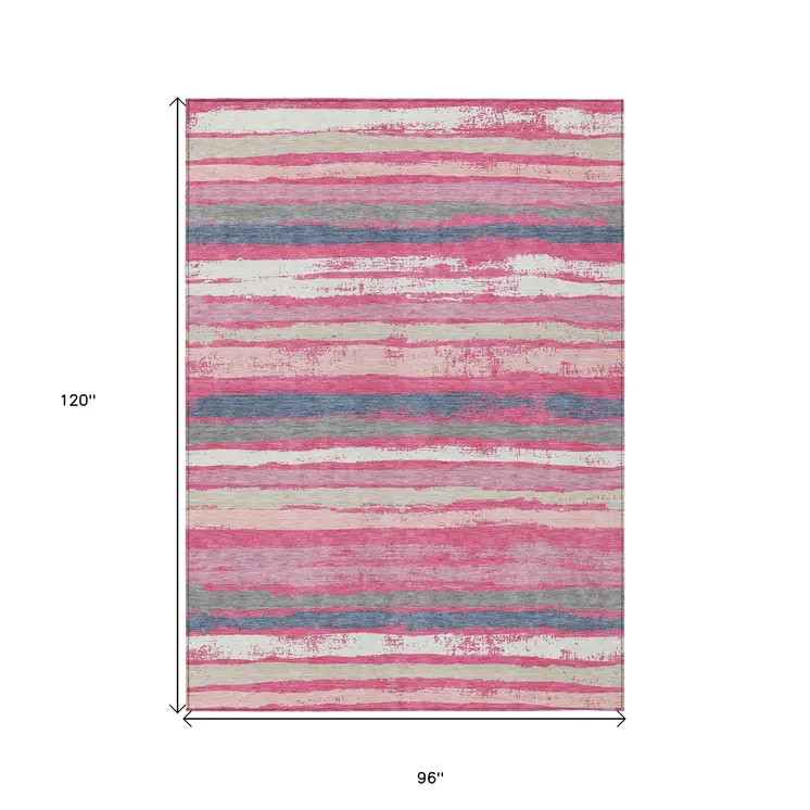 8' X 10' Pink Gray And Green Striped Washable Indoor Outdoor Area Rug
