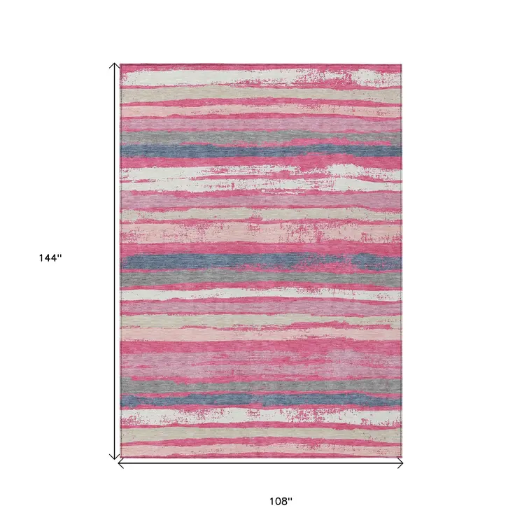 9' X 12' Pink Gray And Green Striped Washable Indoor Outdoor Area Rug