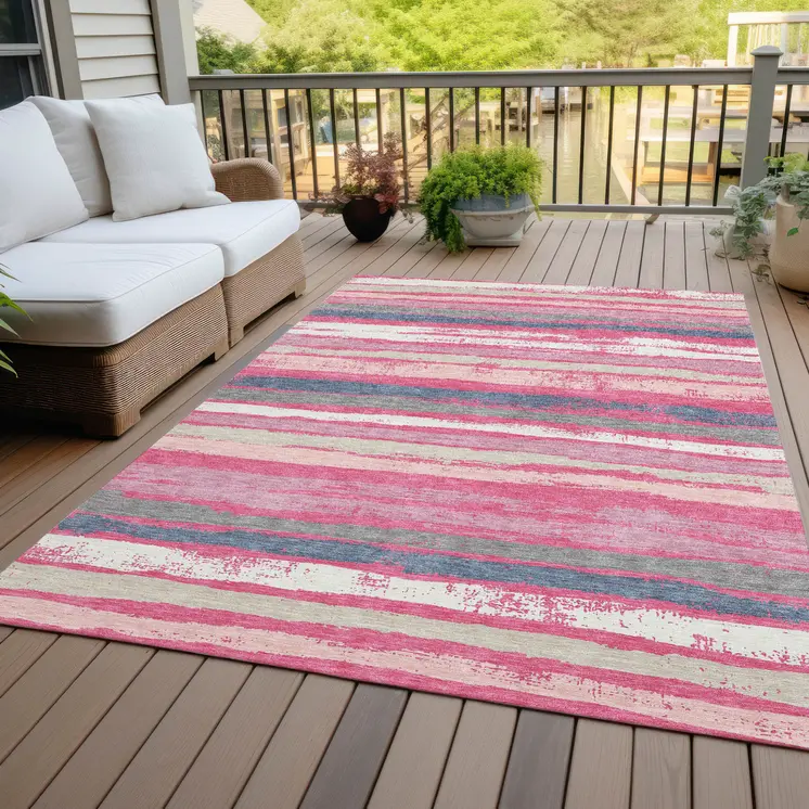 9' X 12' Pink Gray And Green Striped Washable Indoor Outdoor Area Rug