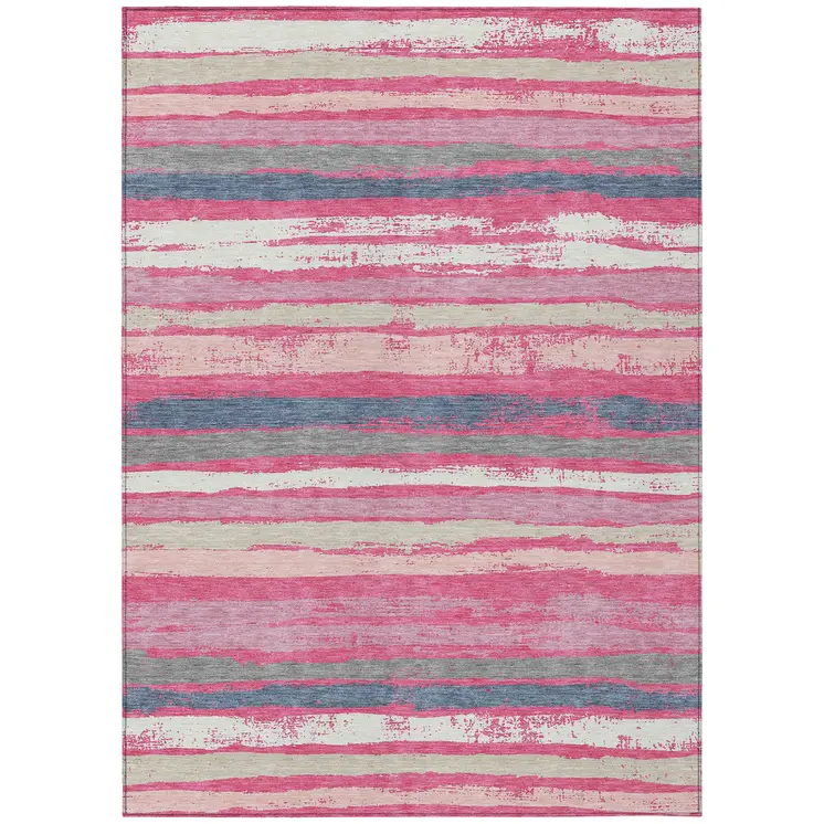 9' X 12' Pink Gray And Green Striped Washable Indoor Outdoor Area Rug