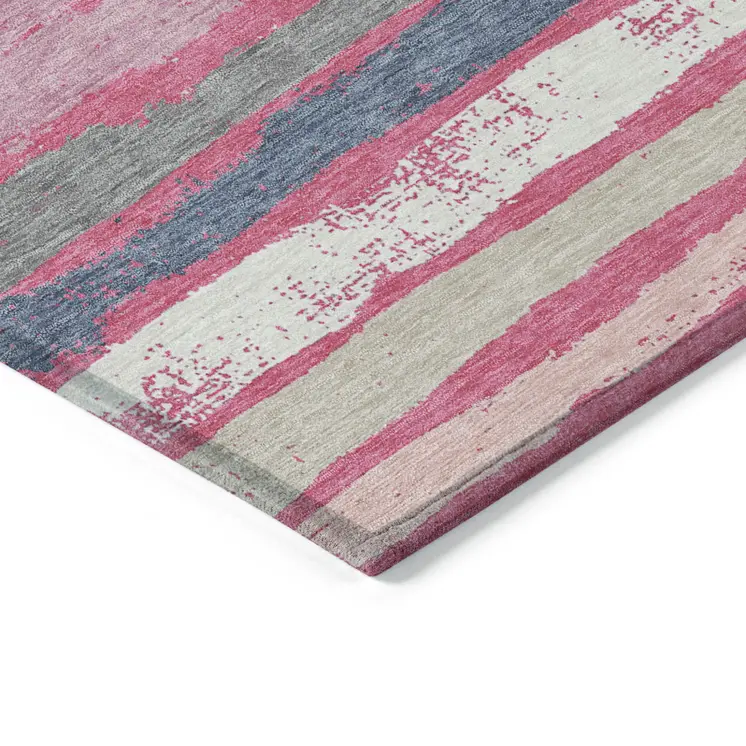 9' X 12' Pink Gray And Green Striped Washable Indoor Outdoor Area Rug
