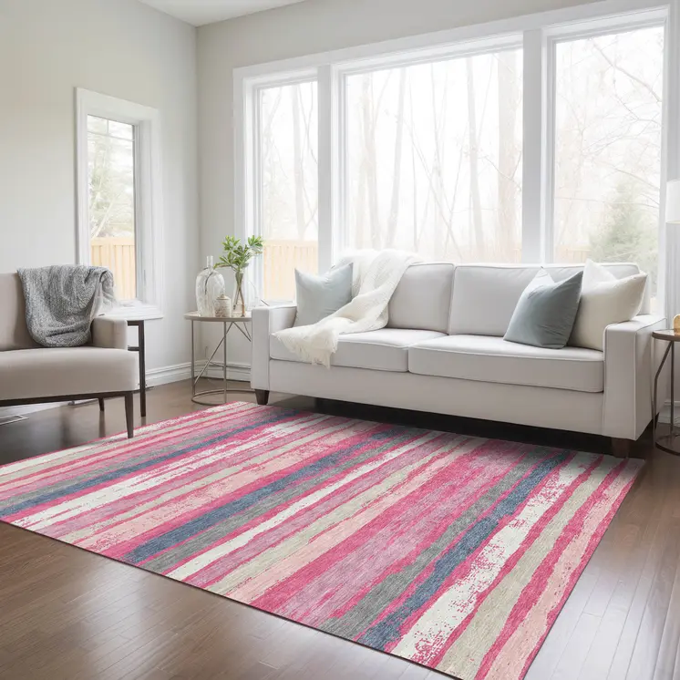 9' X 12' Pink Gray And Green Striped Washable Indoor Outdoor Area Rug