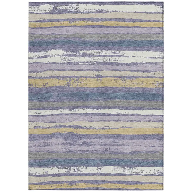 3' X 5' Purple Ivory And Beige Striped Washable Indoor Outdoor Area Rug