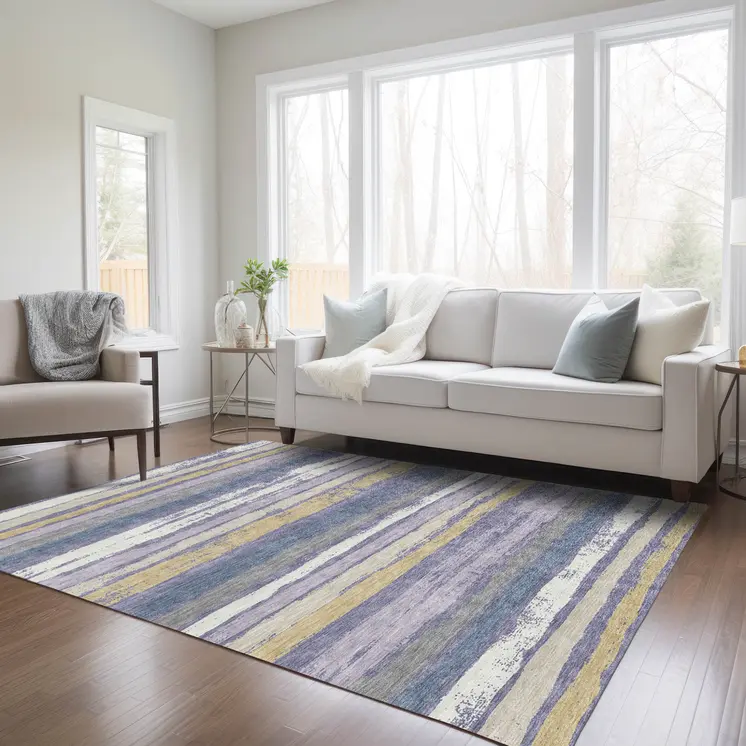 3' X 5' Purple Ivory And Beige Striped Washable Indoor Outdoor Area Rug