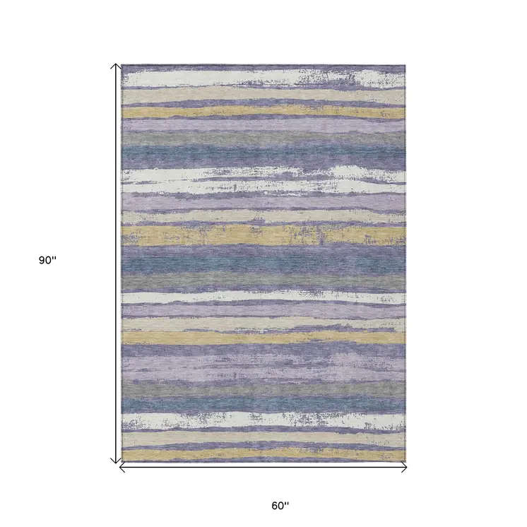 5' X 8' Purple Ivory And Beige Striped Washable Indoor Outdoor Area Rug