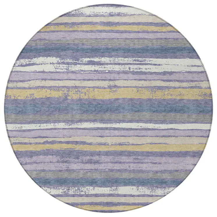 8' Purple Ivory And Beige Round Striped Washable Indoor Outdoor Area Rug