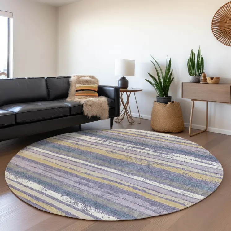 8' Purple Ivory And Beige Round Striped Washable Indoor Outdoor Area Rug