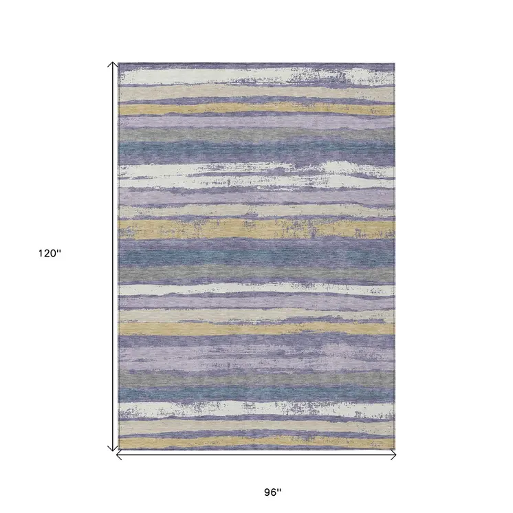 8' X 10' Purple Ivory And Beige Striped Washable Indoor Outdoor Area Rug