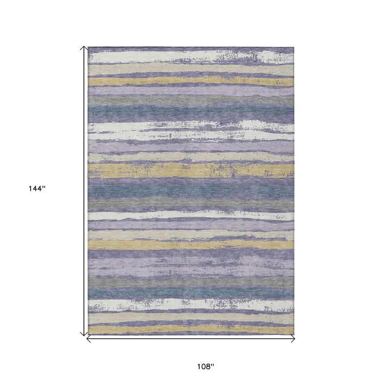 9' X 12' Purple Ivory And Beige Striped Washable Indoor Outdoor Area Rug
