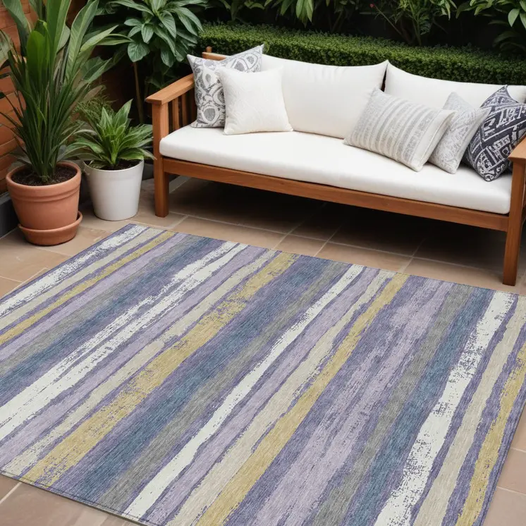 9' X 12' Purple Ivory And Beige Striped Washable Indoor Outdoor Area Rug