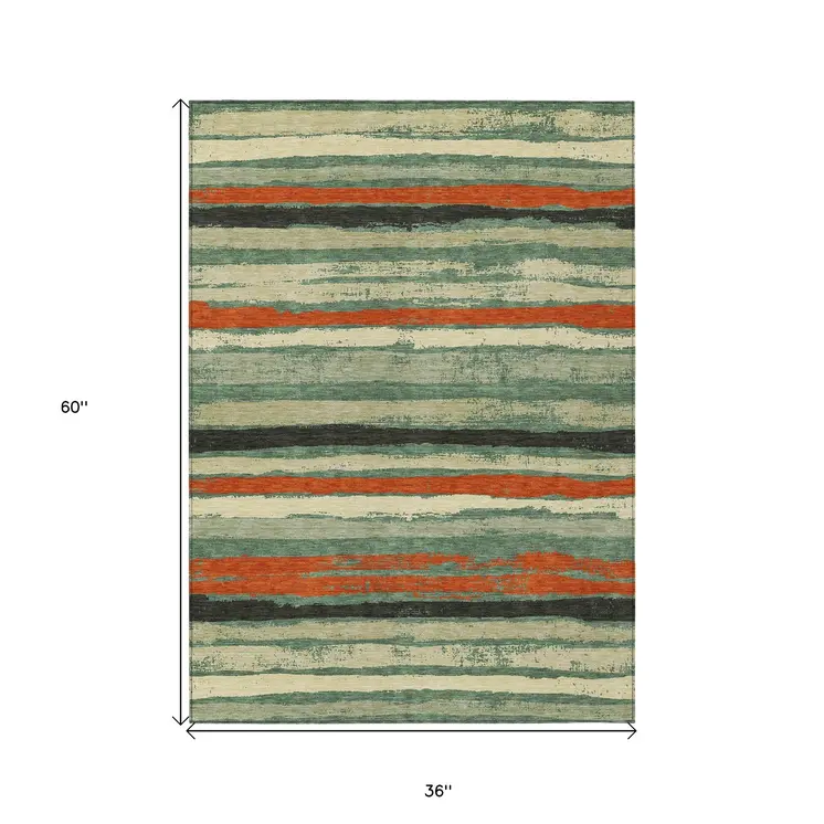 3' X 5' Sage Black And Red Striped Washable Indoor Outdoor Area Rug