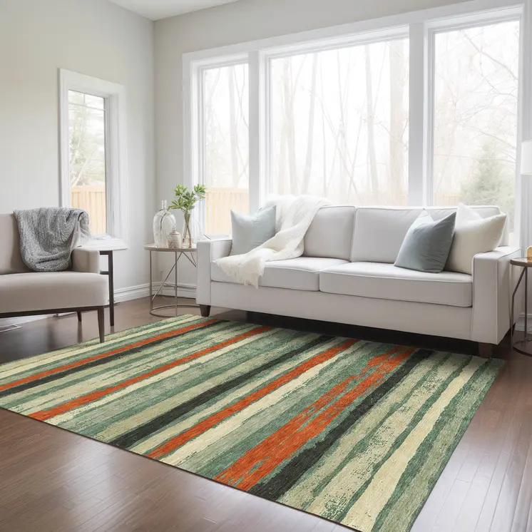 3' X 5' Sage Black And Red Striped Washable Indoor Outdoor Area Rug