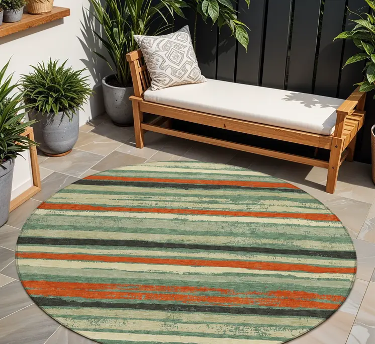 8' Sage Black And Red Round Striped Washable Indoor Outdoor Area Rug