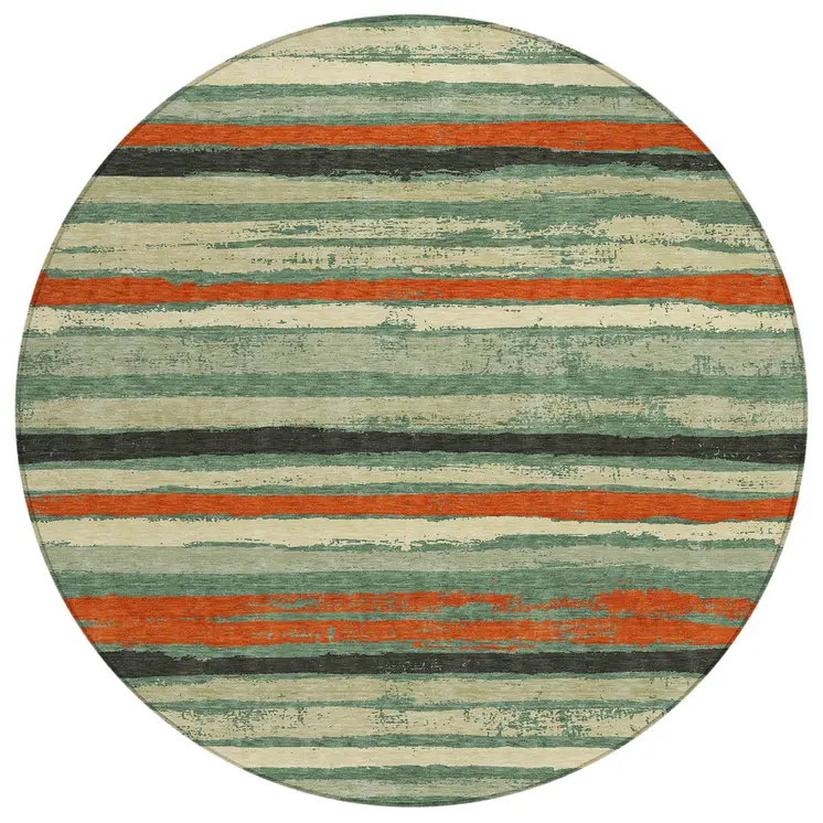 8' Sage Black And Red Round Striped Washable Indoor Outdoor Area Rug