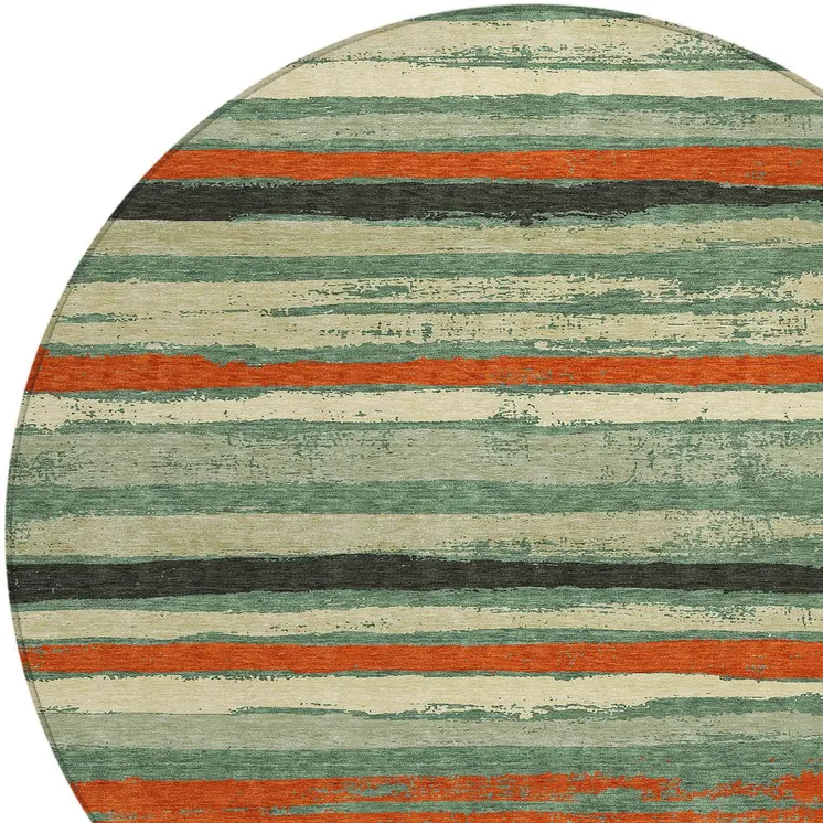 8' Sage Black And Red Round Striped Washable Indoor Outdoor Area Rug