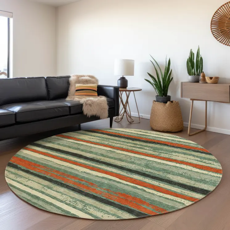 8' Sage Black And Red Round Striped Washable Indoor Outdoor Area Rug