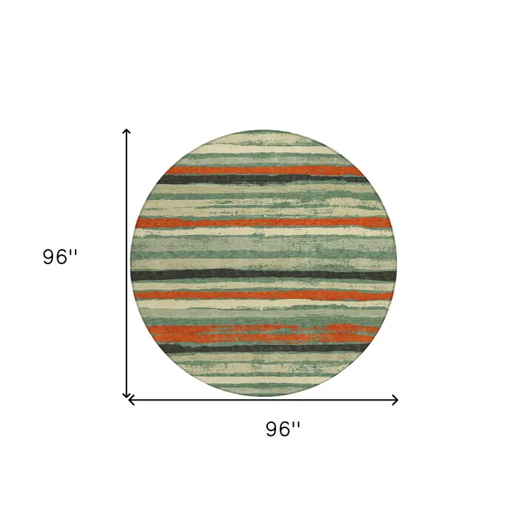 8' Sage Black And Red Round Striped Washable Indoor Outdoor Area Rug