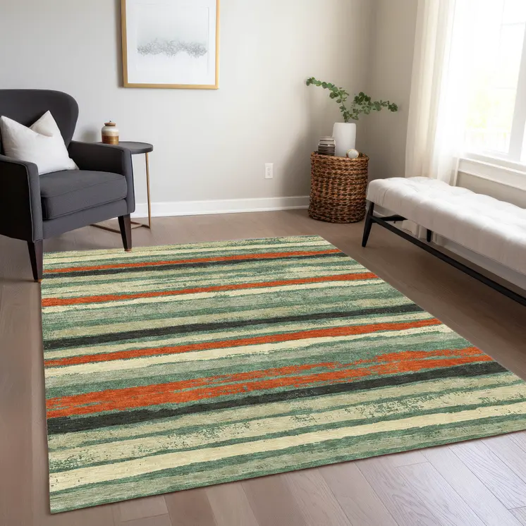8' X 10' Sage Black And Red Striped Washable Indoor Outdoor Area Rug
